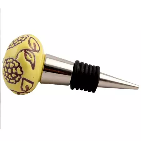 Brown Marigold Etched Ceramic Floral Wine Stopper (Pack Of One Piece)